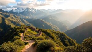 A breathtaking panoramic view of the rugged Andes mountains, with the ancient Inca ruins of Choquequirao nestled amidst the lush, verdant foliage. The foreground features a well-worn hiking trail, winding through the dramatic landscape, inviting the viewer to embark on an exhilarating 3-day trekking adventure. Mid-ground showcases the towering, snow-capped peaks, casting dramatic shadows across the terrain. The background is bathed in a warm, golden glow, as the sun dips behind the majestic mountain ranges. The image captures the essence of this challenging, yet rewarding Choquequirao trekking route, evoking a sense of adventure and the profound connection with the ancient Inca legacy.