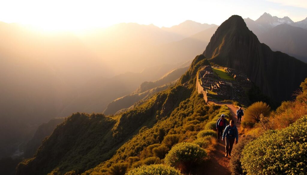 A sweeping vista of the majestic Andes mountains, shrouded in a soft, golden glow as the sun rises over the rugged peaks. In the foreground, a winding trail winds its way through lush, verdant foliage, leading the way to the ancient Inca ruins of Choquequirao, perched atop a towering cliff. Hikers, clad in sturdy gear, trek along the path, their silhouettes casting long shadows against the dramatic landscape. The scene is infused with a sense of adventure and discovery, capturing the essence of an immersive 5-day trekking journey through this breathtaking, untamed wilderness.