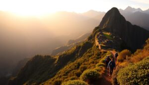 A sweeping vista of the majestic Andes mountains, shrouded in a soft, golden glow as the sun rises over the rugged peaks. In the foreground, a winding trail winds its way through lush, verdant foliage, leading the way to the ancient Inca ruins of Choquequirao, perched atop a towering cliff. Hikers, clad in sturdy gear, trek along the path, their silhouettes casting long shadows against the dramatic landscape. The scene is infused with a sense of adventure and discovery, capturing the essence of an immersive 5-day trekking journey through this breathtaking, untamed wilderness.